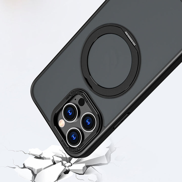 "Magneettinen 360° puhelinkotelo pyörivällä renkaalla, moderni muotoilu, musta tausta, sopii iPhone-mallistoon."