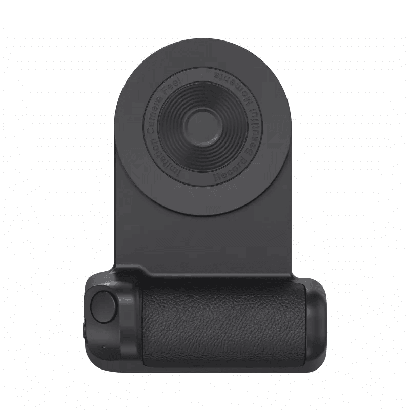 Magneettinen Bluetooth-kamerakahva puhelimille, ergonominen muotoilu, liukumaton pinta, musta väri, innovatiivinen kiinnitys.