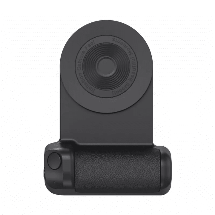 Magneettinen Bluetooth-kamerakahva puhelimille, ergonominen muotoilu, liukumaton pinta, musta väri, innovatiivinen kiinnitys.
