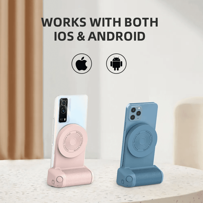 Magneettinen Bluetooth-kamerakahva puhelimille, ergonominen muotoilu, liukumaton pinta, musta väri, innovatiivinen kiinnitys.