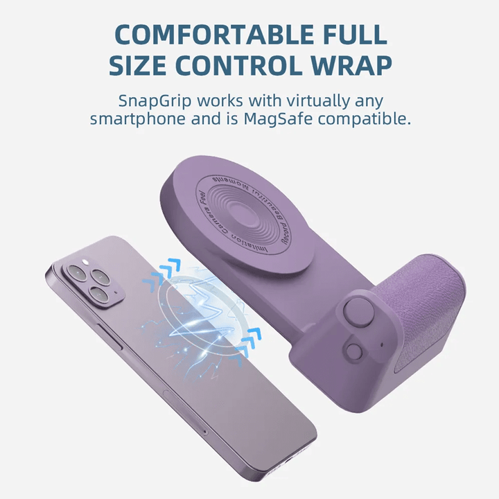 Magneettinen Bluetooth-kamerakahva puhelimille, ergonominen muotoilu, liukumaton pinta, musta väri, innovatiivinen kiinnitys.