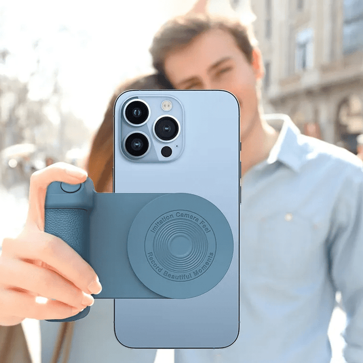 Magneettinen Bluetooth-kamerakahva puhelimille, ergonominen muotoilu, liukumaton pinta, musta väri, innovatiivinen kiinnitys.