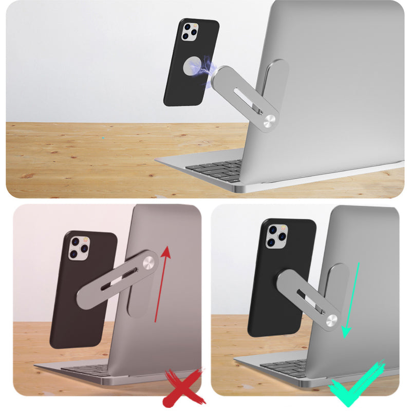 Magnetisk telefonholder Sølv/Sort, justerbar aluminium, elegant stativ til telefon ved siden af bærbar eller skrivebord.