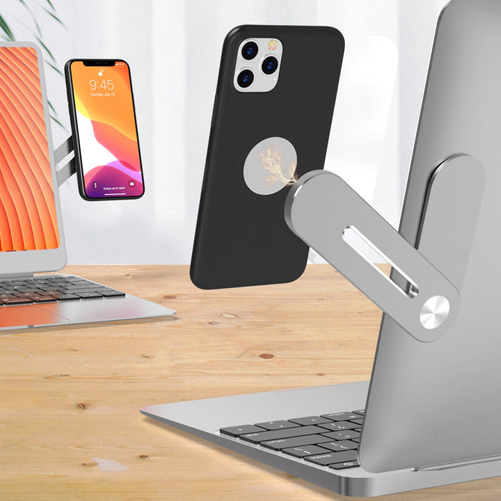 Magnetisk telefonholder Sølv/Sort, justerbar aluminium, elegant stativ til telefon ved siden af bærbar eller skrivebord.
