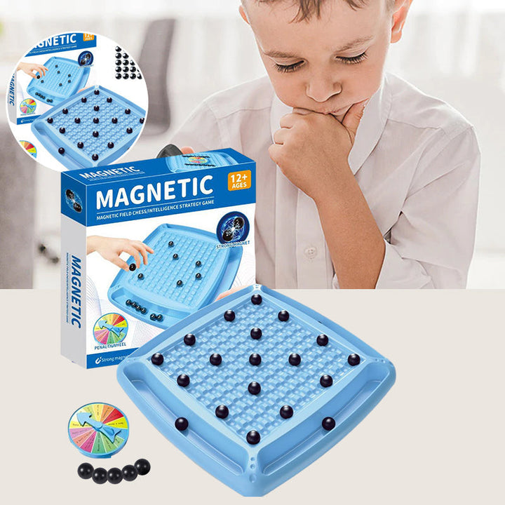 Magneettisk strategispil med blåt bræt og magnetiske brikker, der forbedrer logisk tænkning og koncentration.