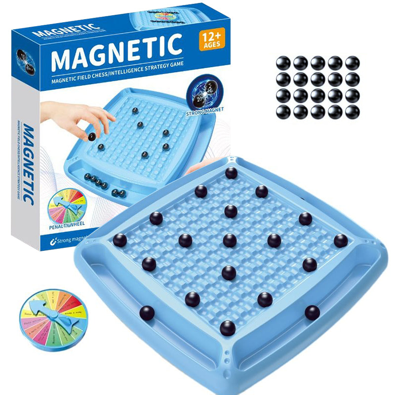 Magneettisk strategispil med blåt bræt og magnetiske brikker, der forbedrer logisk tænkning og koncentration.