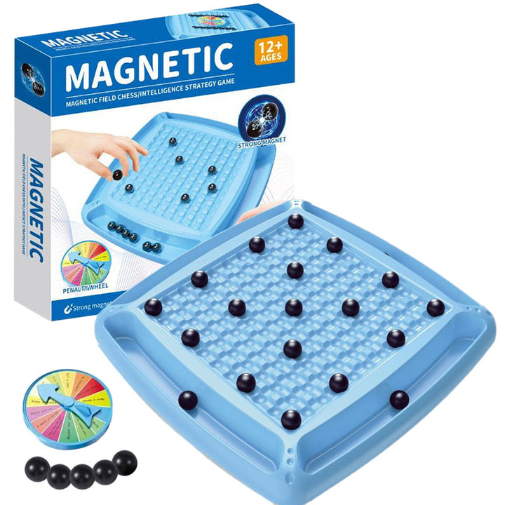 Magneettisk strategispil med blåt bræt og magnetiske brikker, der forbedrer logisk tænkning og koncentration.