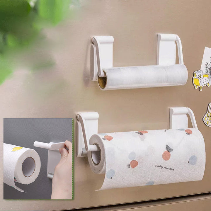 Justerbar magnetisk hvid papirrulleholder, slankt og moderne design til køkken eller badeværelse.