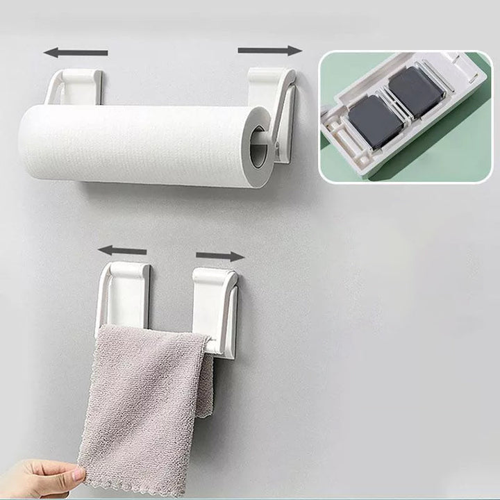 Justerbar magnetisk hvid papirrulleholder, slankt og moderne design til køkken eller badeværelse.