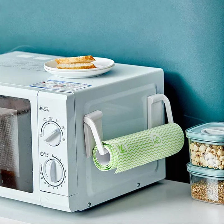 Justerbar magnetisk hvid papirrulleholder, slankt og moderne design til køkken eller badeværelse.