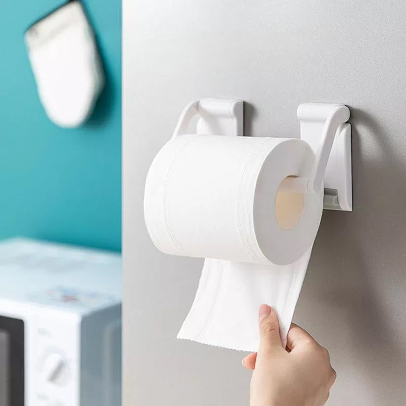 Justerbar magnetisk hvid papirrulleholder, slankt og moderne design til køkken eller badeværelse.