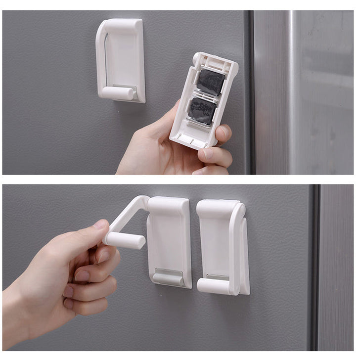 Justerbar magnetisk hvid papirrulleholder, slankt og moderne design til køkken eller badeværelse.