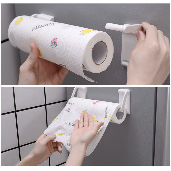 Justerbar magnetisk hvid papirrulleholder, slankt og moderne design til køkken eller badeværelse.
