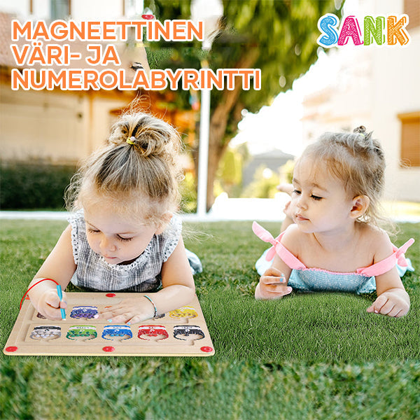 Magnetisk farverig nummerlabyrint, trælegetøj til børn i pastel nuancer, tal synlige.