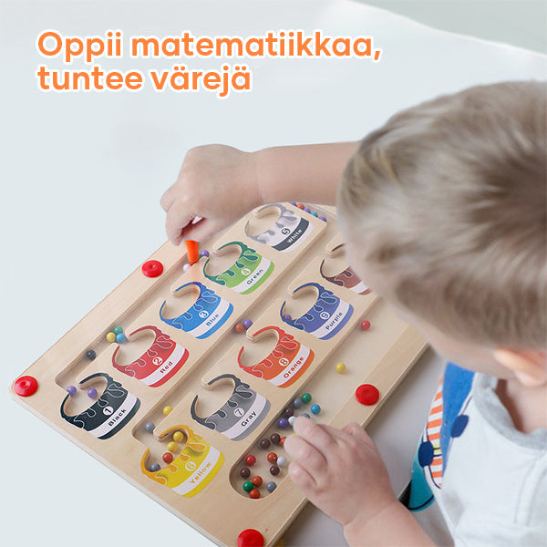 Magnetisk farverig nummerlabyrint, trælegetøj til børn i pastel nuancer, tal synlige.