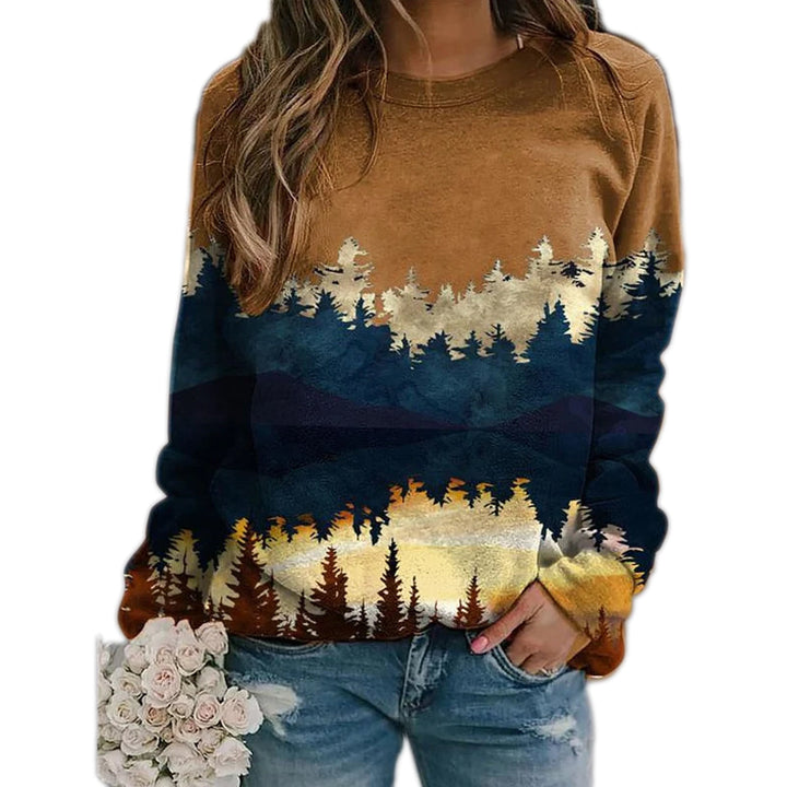 Dame strikket pullover med bjergprint, lange ærmer, løs pasform, tre farvemuligheder, behageligt og trendy design.
