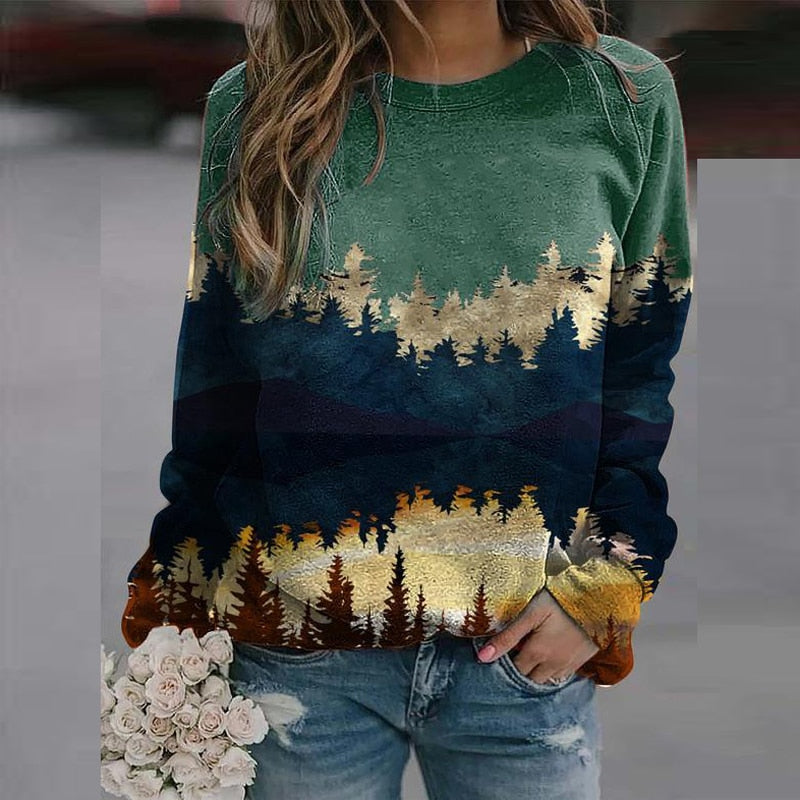Dame strikket pullover med bjergprint, lange ærmer, løs pasform, tre farvemuligheder, behageligt og trendy design.