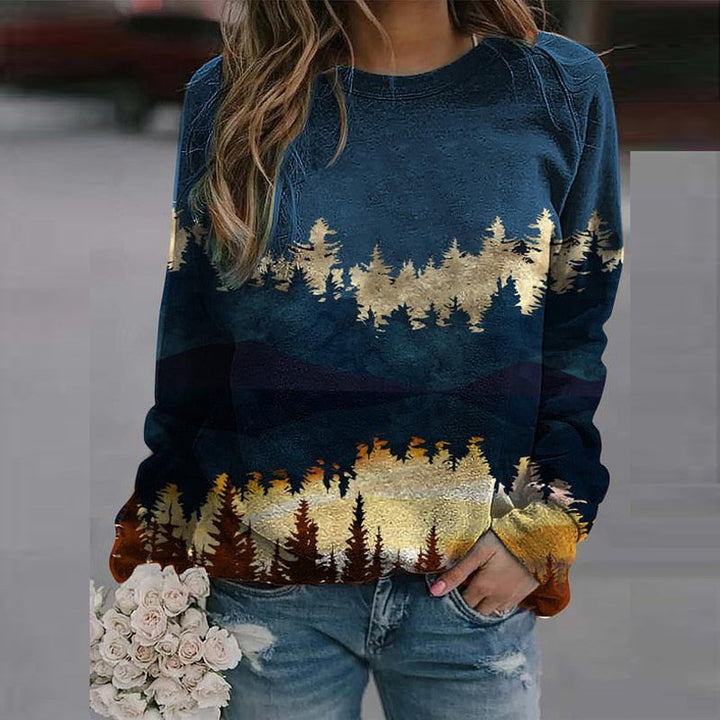 Dame strikket pullover med bjergprint, lange ærmer, løs pasform, tre farvemuligheder, behageligt og trendy design.
