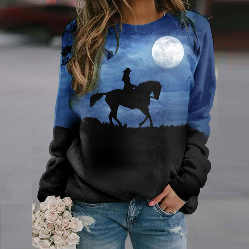 Dame strikket pullover med bjergprint, lange ærmer, løs pasform, tre farvemuligheder, behageligt og trendy design.