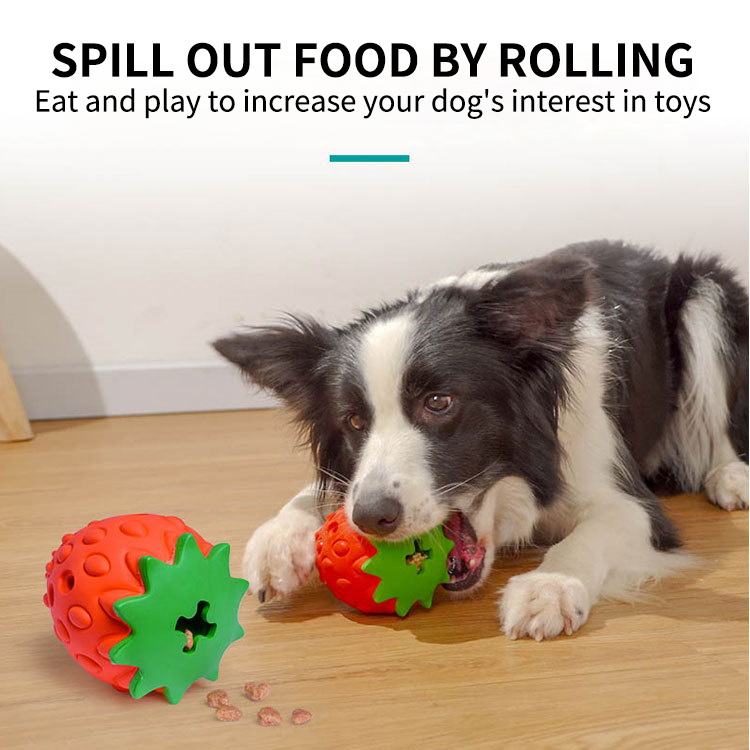 Livligt jordbærformet hundetandlegetøj i gummi, holdbart og attraktivt design til kæledyr.