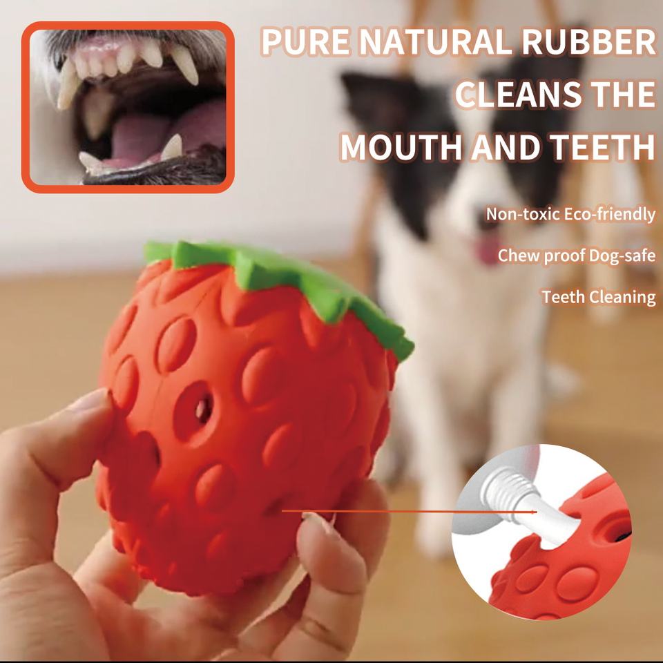 Livligt jordbærformet hundetandlegetøj i gummi, holdbart og attraktivt design til kæledyr.