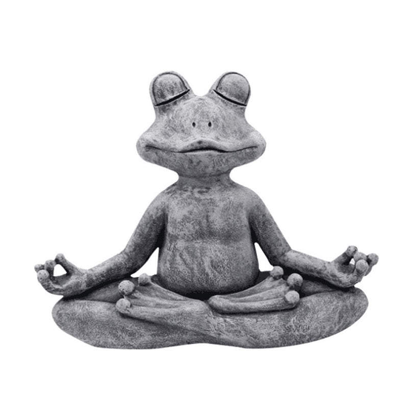 Meditativ hund harpiks havepynt, siddende med krydsede ben i en fredfyldt positur, velegnet til indendørs og udendørs brug.