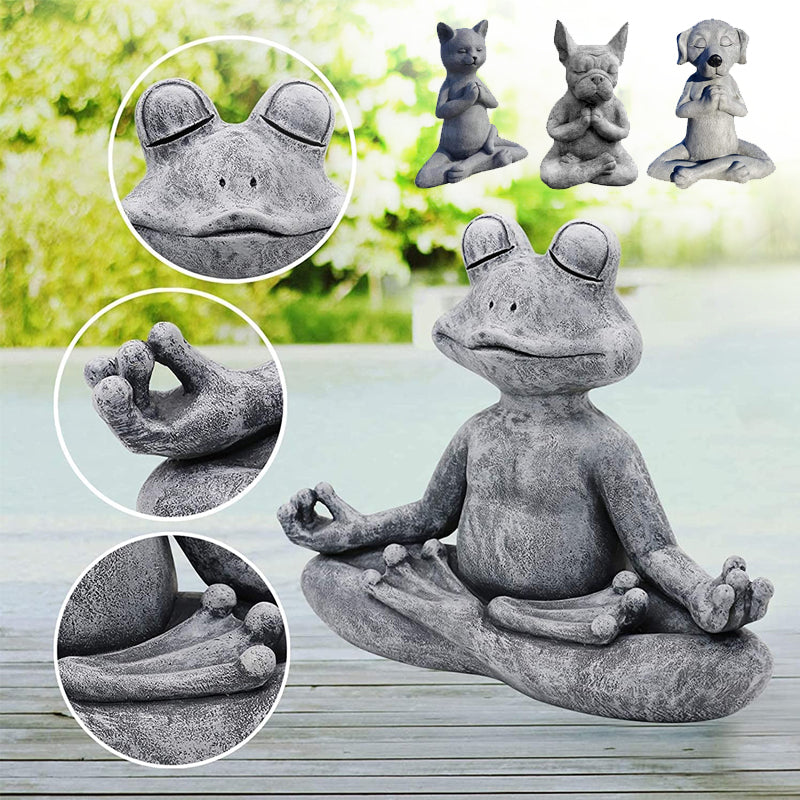 Meditativ hund harpiks havepynt, siddende med krydsede ben i en fredfyldt positur, velegnet til indendørs og udendørs brug.