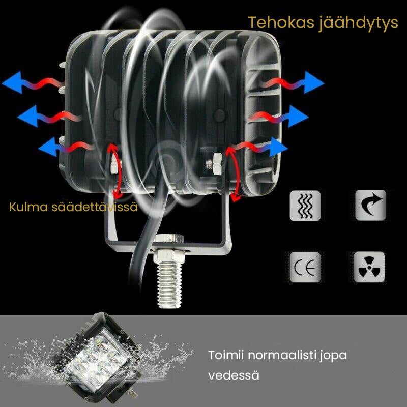 Ravnefarvet off-road LED ekstralys, aluminiumshus, effektiv køling, 9,5x14,5x8cm, 4200 LM, energieffektiv.