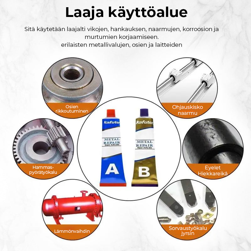 "Metallikorjausliima, lämpöä kestävä, harmaa; täydellinen metallin ja muiden pintojen korjaustyöhön."