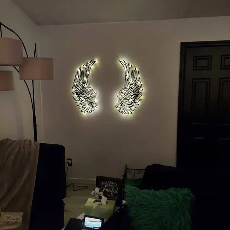 Metal engel vinger vægtæppe med LED lys, sort metal, 3D skyggeeffekt, stilfuld indretningsdekoration.