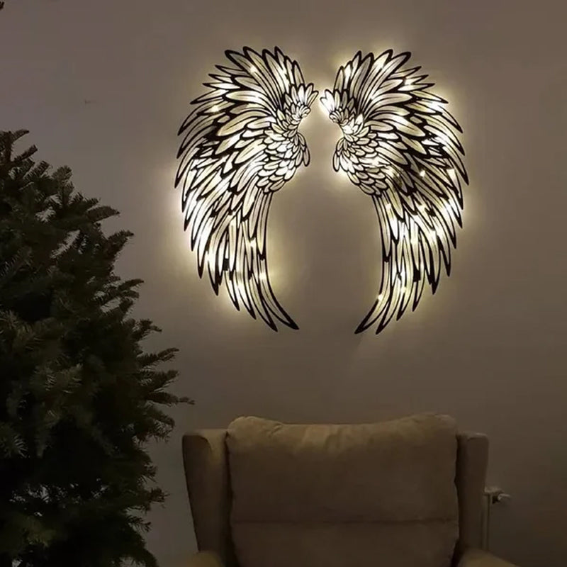 Metal engel vinger vægtæppe med LED lys, sort metal, 3D skyggeeffekt, stilfuld indretningsdekoration.