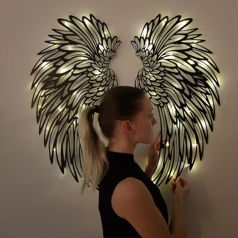 Metal engel vinger vægtæppe med LED lys, sort metal, 3D skyggeeffekt, stilfuld indretningsdekoration.