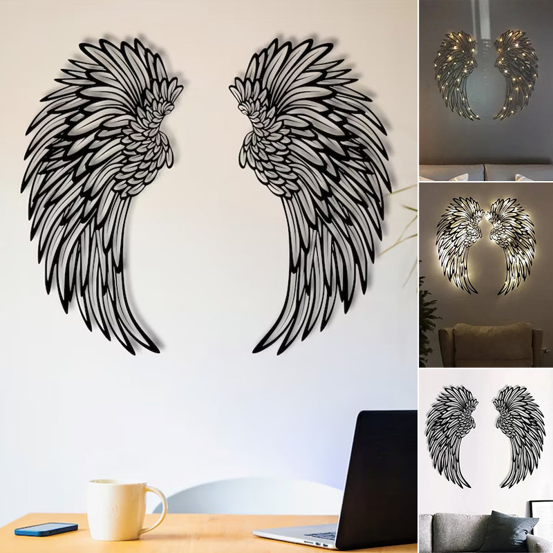 Metal engel vinger vægtæppe med LED lys, sort metal, 3D skyggeeffekt, stilfuld indretningsdekoration.