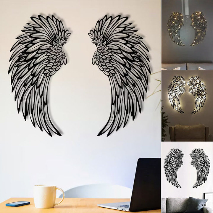 Metal engel vinger vægtæppe med LED lys, sort metal, 3D skyggeeffekt, stilfuld indretningsdekoration.