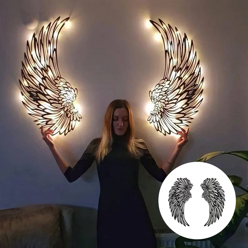 Metal engel vinger vægtæppe med LED lys, sort metal, 3D skyggeeffekt, stilfuld indretningsdekoration.