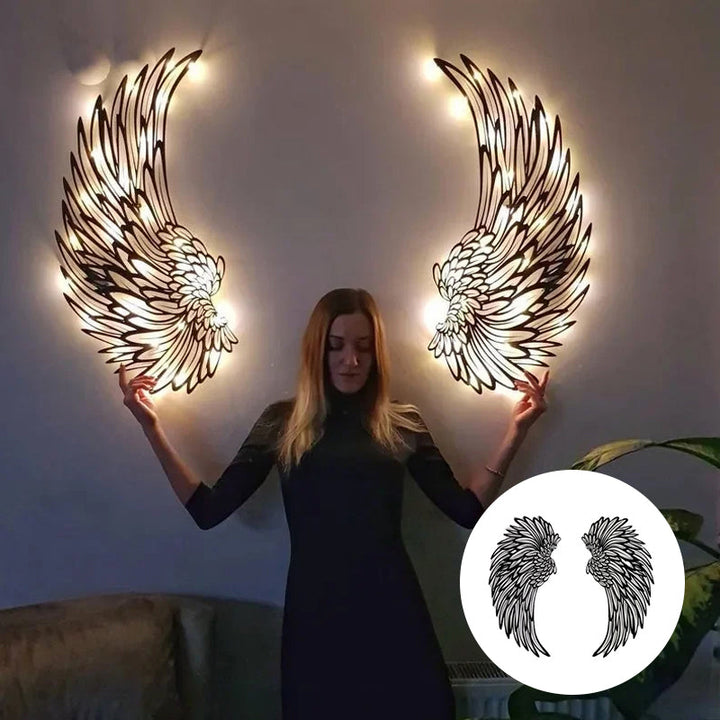 Metal engel vinger vægtæppe med LED lys, sort metal, 3D skyggeeffekt, stilfuld indretningsdekoration.
