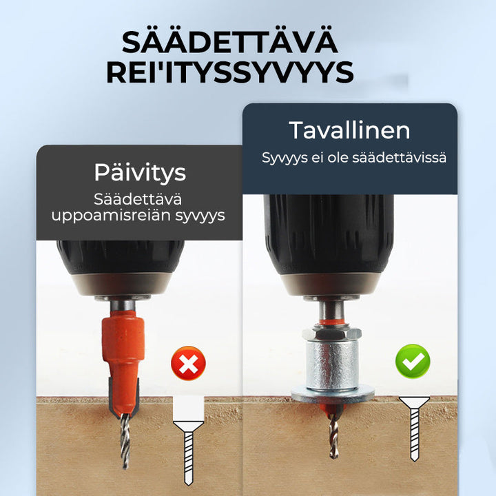 Bor/fræsere i legeret stål med selvjusterende dybdestop, holdbart og præcist til træbearbejdning, karbidspids, flere størrelser.