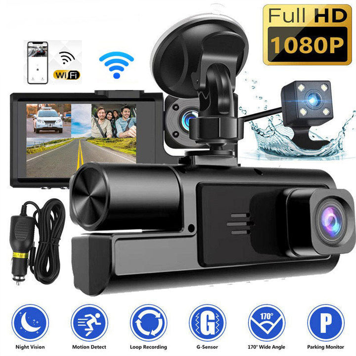 Mænds 1080P tre kamera bil dashcam, stilfuldt sort design, viser front-, bag- og interiørbilleder under kørsel.