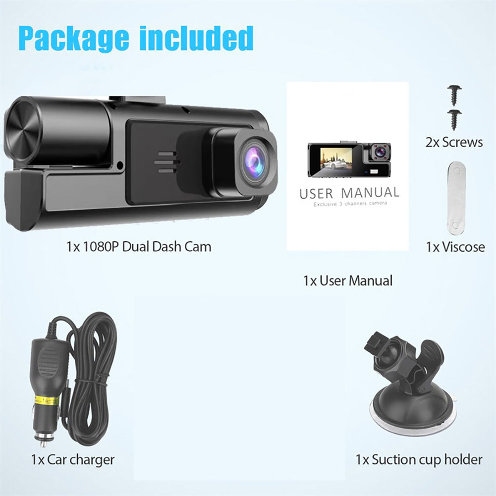 Mænds 1080P tre kamera bil dashcam, stilfuldt sort design, viser front-, bag- og interiørbilleder under kørsel.