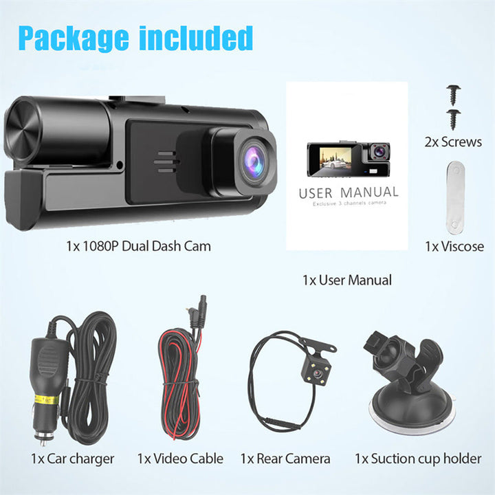 Mænds 1080P tre kamera bil dashcam, stilfuldt sort design, viser front-, bag- og interiørbilleder under kørsel.