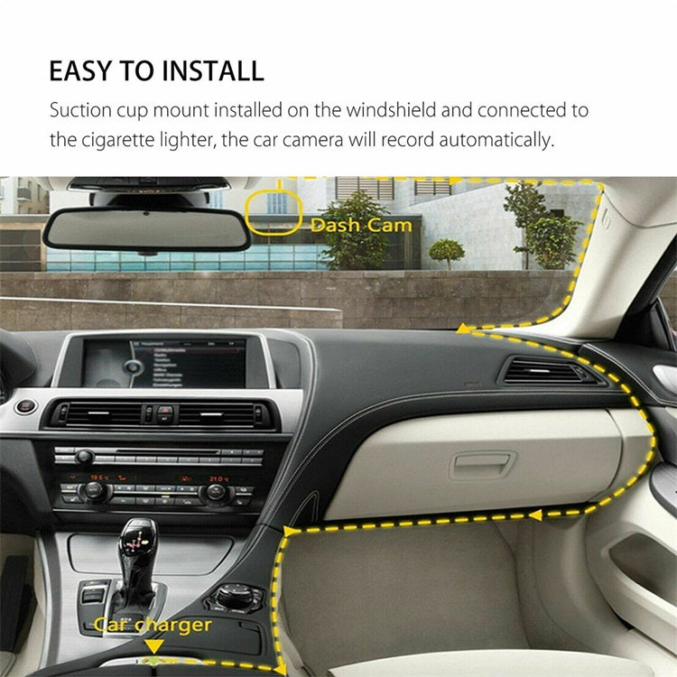 Mænds 1080P tre kamera bil dashcam, stilfuldt sort design, viser front-, bag- og interiørbilleder under kørsel.