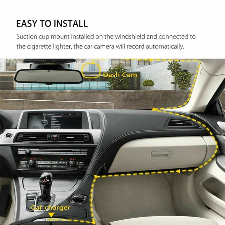 Mænds 1080P tre kamera bil dashcam, stilfuldt sort design, viser front-, bag- og interiørbilleder under kørsel.