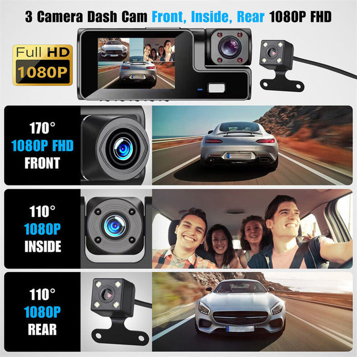 Mænds 1080P tre kamera bil dashcam, stilfuldt sort design, viser front-, bag- og interiørbilleder under kørsel.