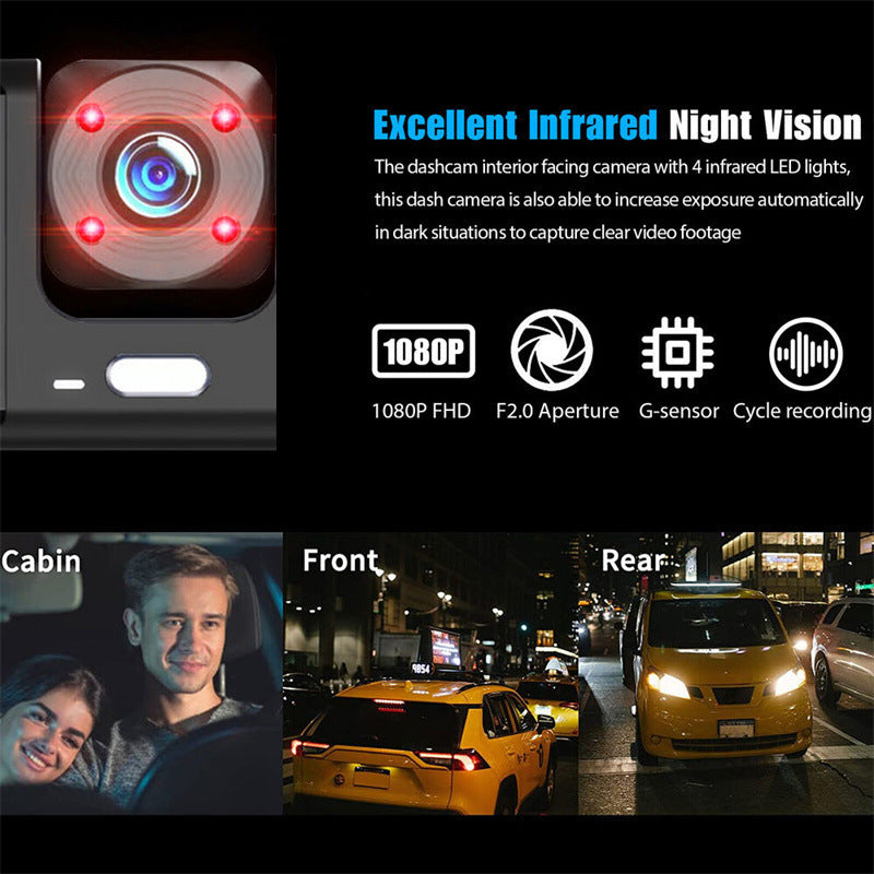 Mænds 1080P tre kamera bil dashcam, stilfuldt sort design, viser front-, bag- og interiørbilleder under kørsel.