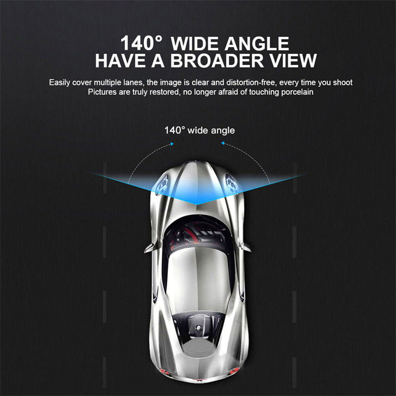 Mænds 1080P tre kamera bil dashcam, stilfuldt sort design, viser front-, bag- og interiørbilleder under kørsel.