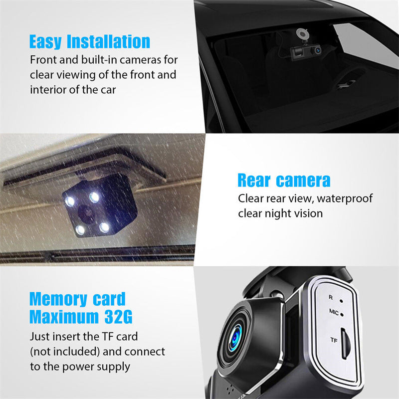 Mænds 1080P tre kamera bil dashcam, stilfuldt sort design, viser front-, bag- og interiørbilleder under kørsel.