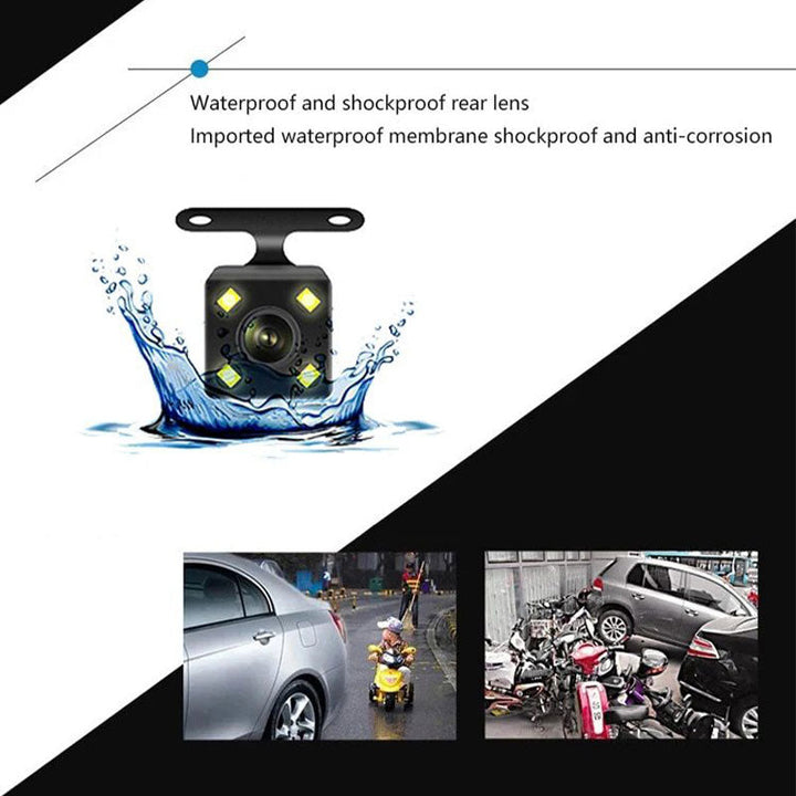 Mænds 1080P tre kamera bil dashcam, stilfuldt sort design, viser front-, bag- og interiørbilleder under kørsel.
