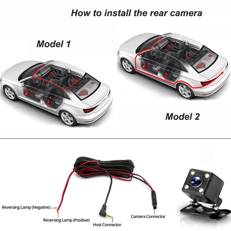 Mænds 1080P tre kamera bil dashcam, stilfuldt sort design, viser front-, bag- og interiørbilleder under kørsel.