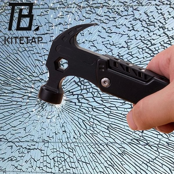 Mændenes 18-i-1 udendørs multifunktions mini sikkerhedshammer, stålramme, sort belægning, ergonomisk design, flere værktøjer