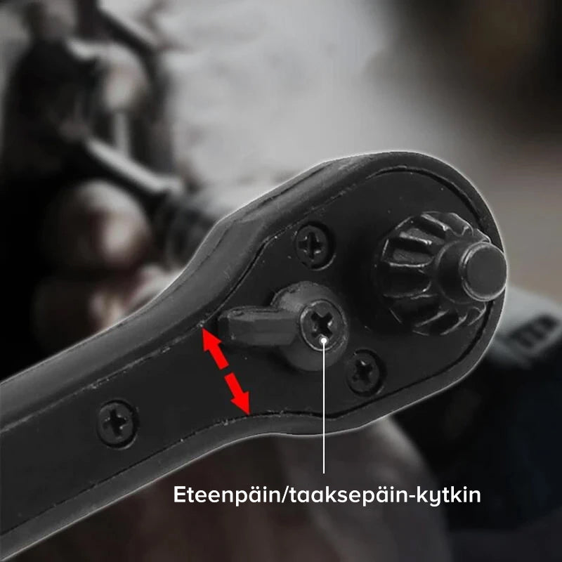 Mænds 2-i-1 borekrone skraldenøgle, stål og ergonomisk håndtag, dobbeltfunktionsdesign, innovativt værktøj.
